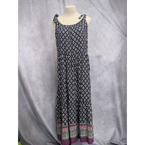 beachlunchlounge Dresses & Skirts - Beachlunchlounge Navy Blue Geometric Print Tie Shoulder Tiered Maxi Dress Medium